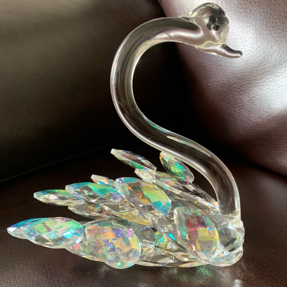 Aura Borealis Rainbow Coated Cut Crystal Swan Figurine Art Glass Approx 6.5”